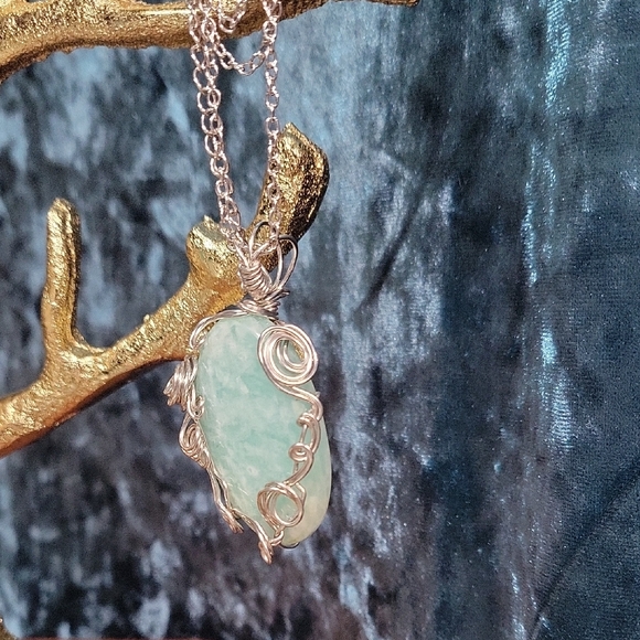 Handmade - Wire Wralled Amazonite CA and Aqua Pendant Necklace - Picture 6 of 7